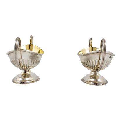 Edwardian set of 2 Neoclassical gilt sterling silver boxed navette salts with spoons