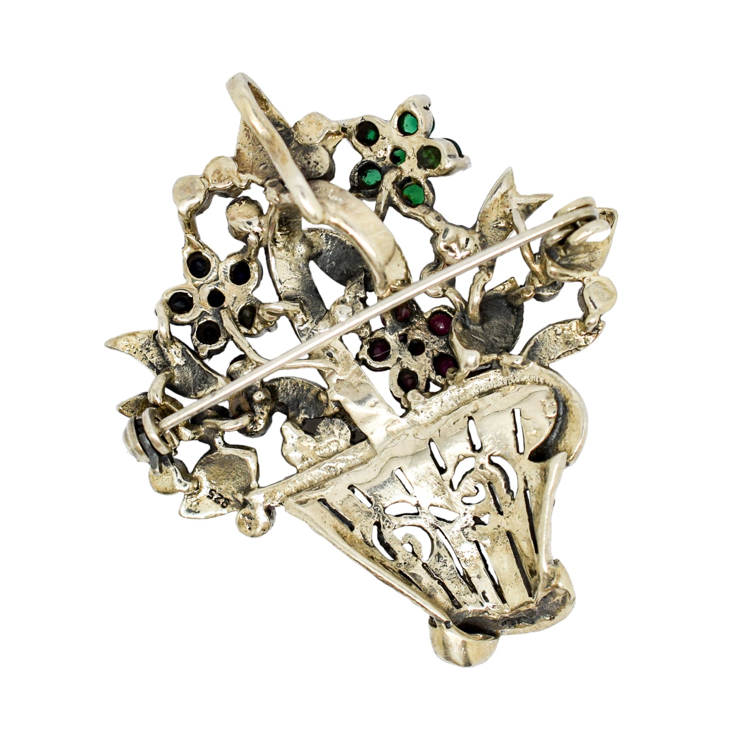 Giardinetti sterling silver floral basket brooch/pendant with rubies, emeralds, spinel