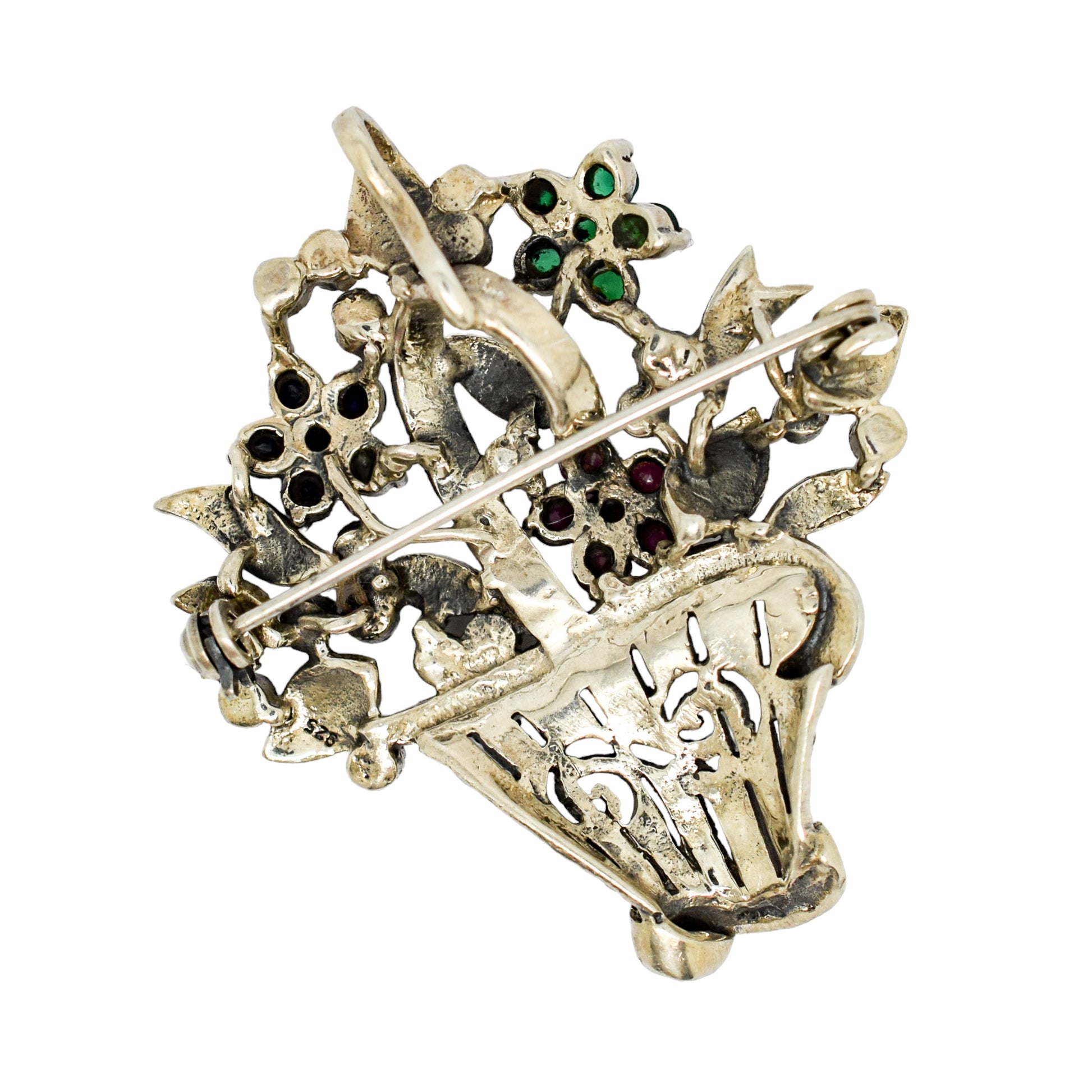 Giardinetti sterling silver floral basket brooch/pendant with rubies, emeralds, spinel