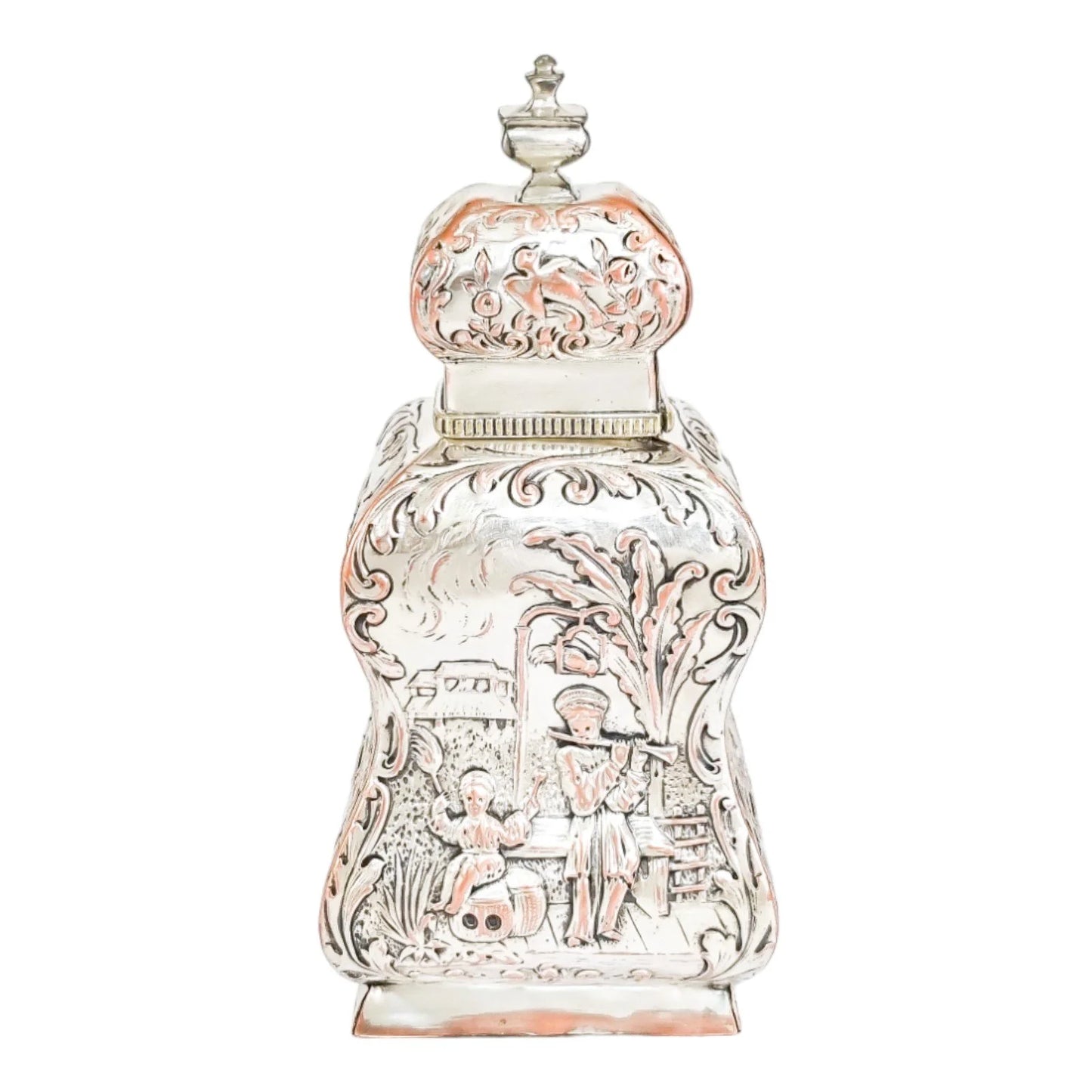 1890's Dutch silver plate tea caddy Rococo embossed flowers, children, scrolls