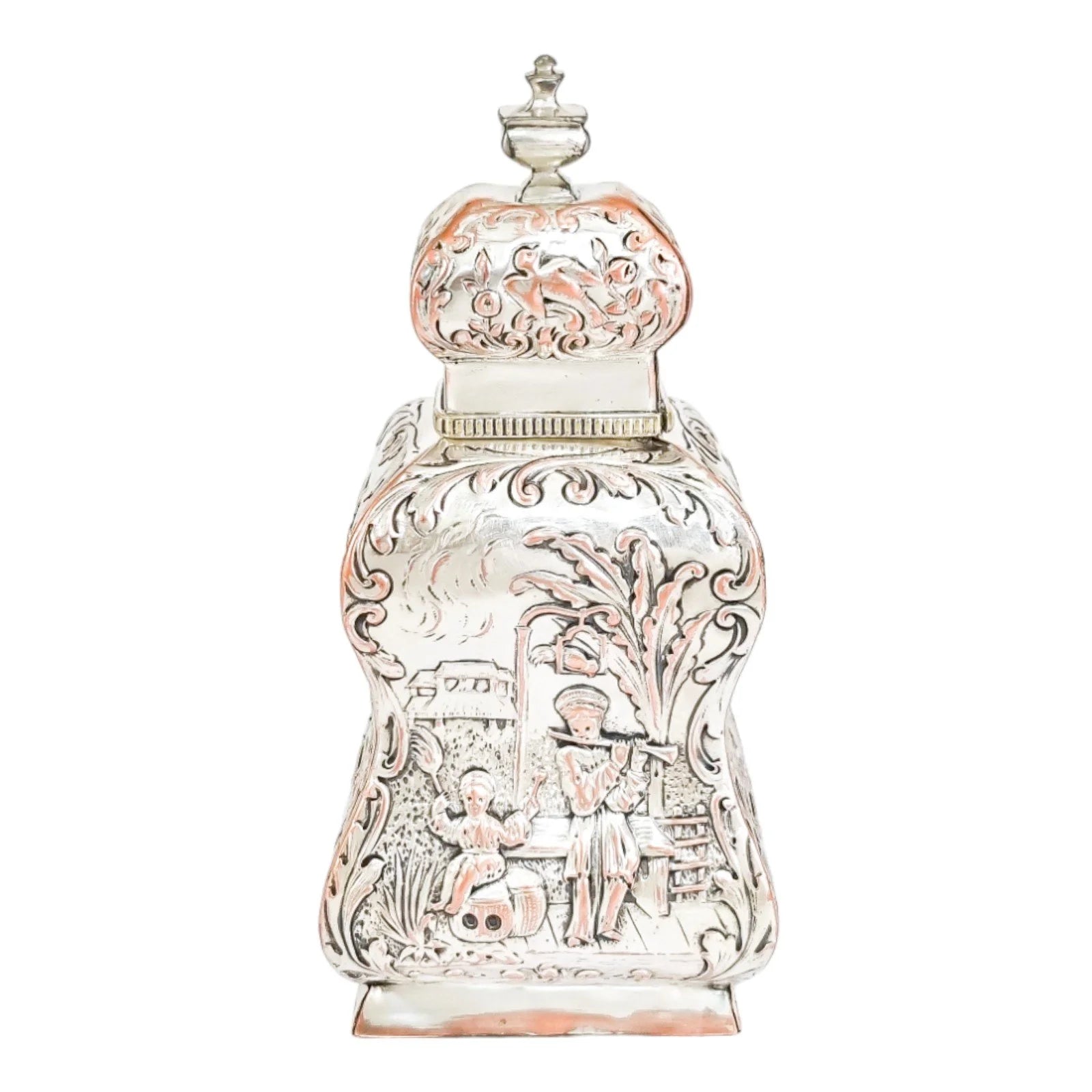 1890's Dutch silver plate tea caddy Rococo embossed flowers, children, scrolls