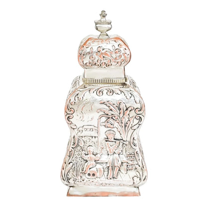 1890's Dutch silver plate tea caddy Rococo embossed flowers, children, scrolls
