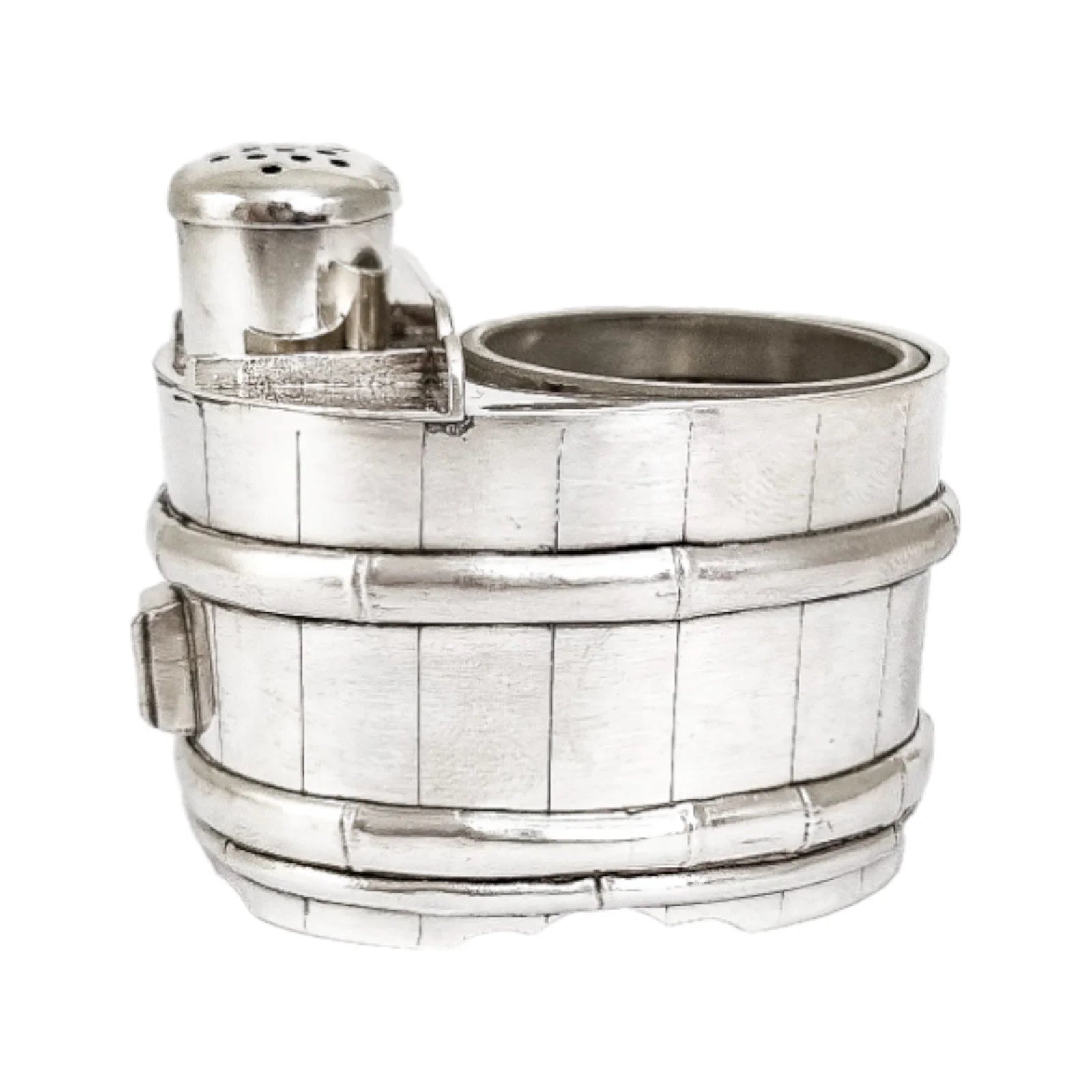 Japanese sterling silver novelty salt and pepper set in form of bucket / barrel