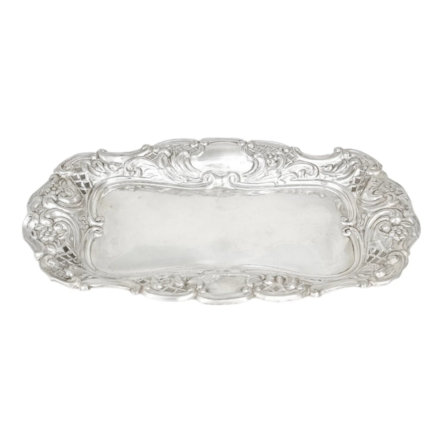 Edwardian sterling silver large pin dish / dressing table tray / vide poche