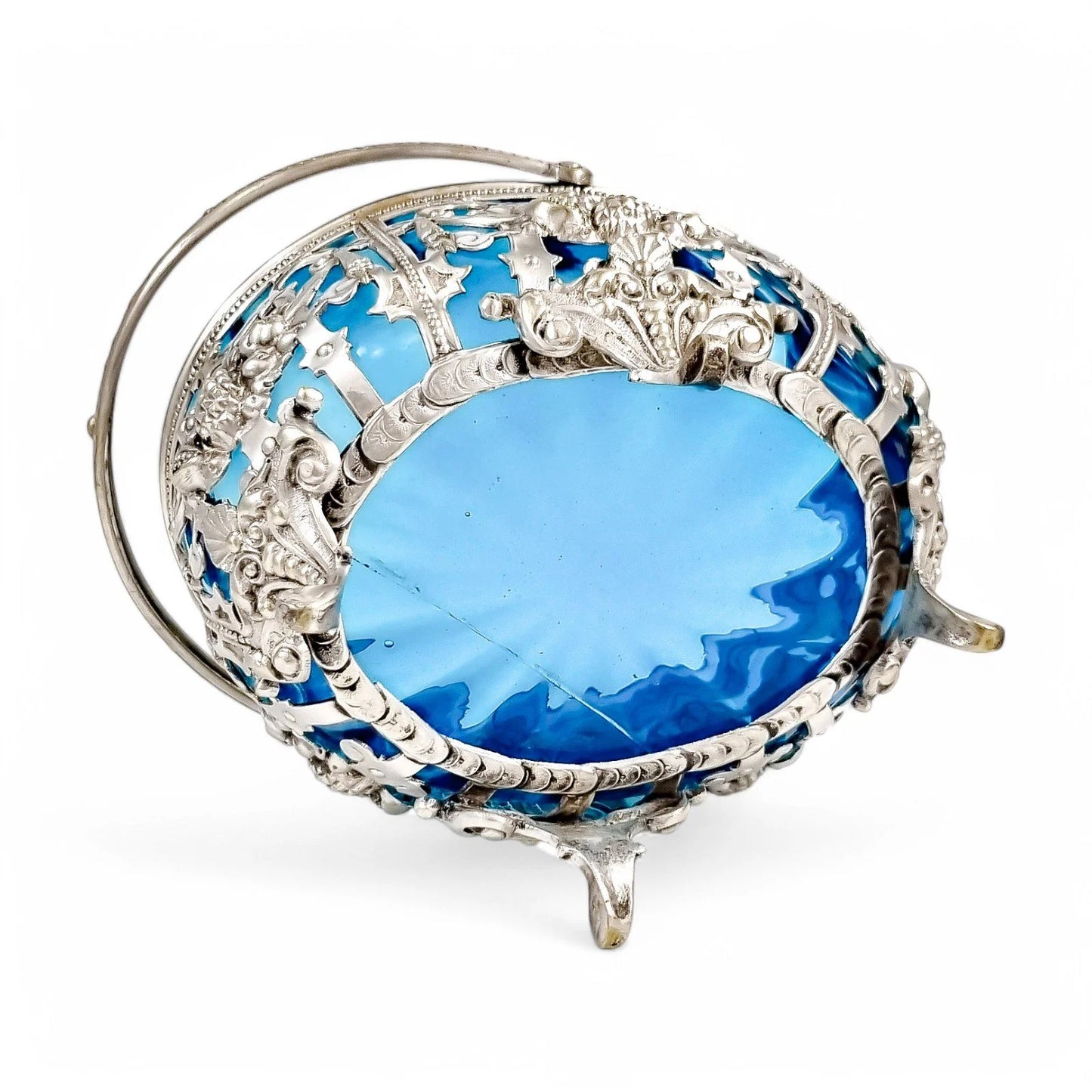 Antique silver-plated basket with sapphire blue glass, Roman Plewkiewicz, Louis XVI style, circa 1900