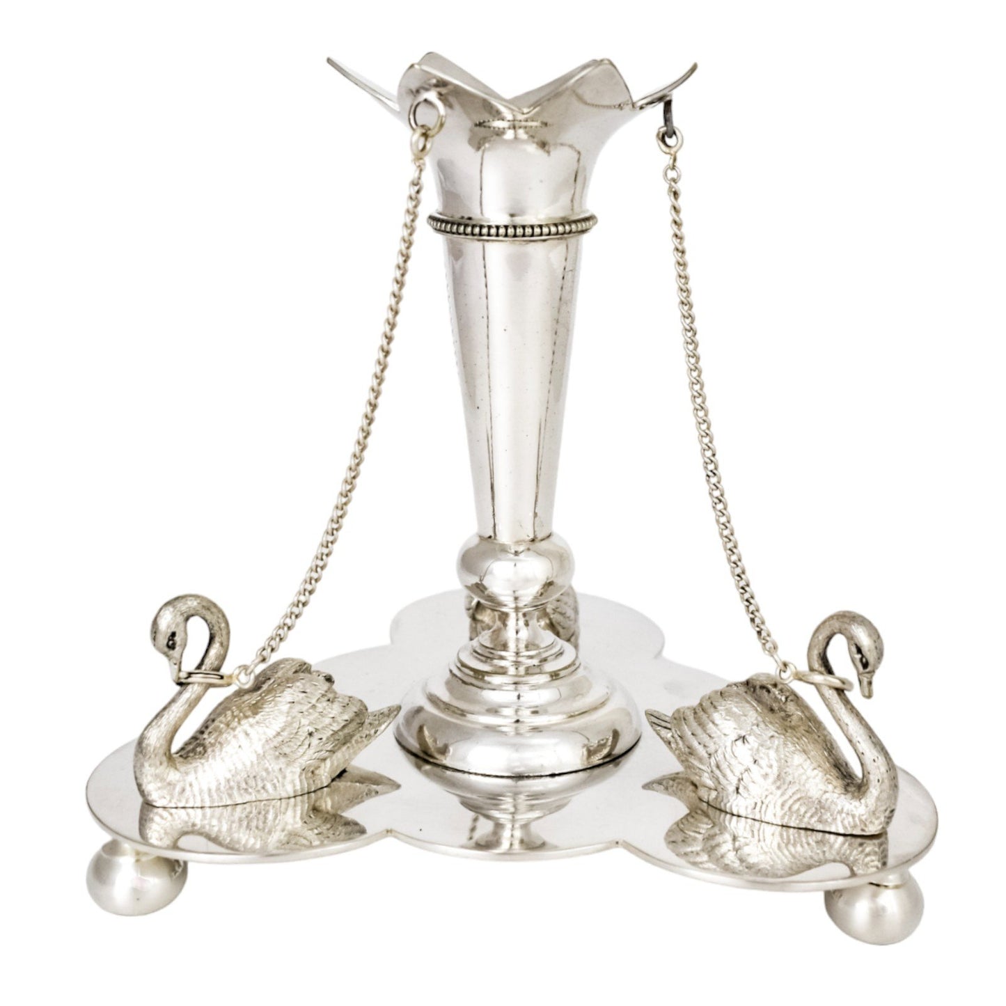 Victorian Mappin & Webb glass celery vase engraved with ferns on silver plated swan stand