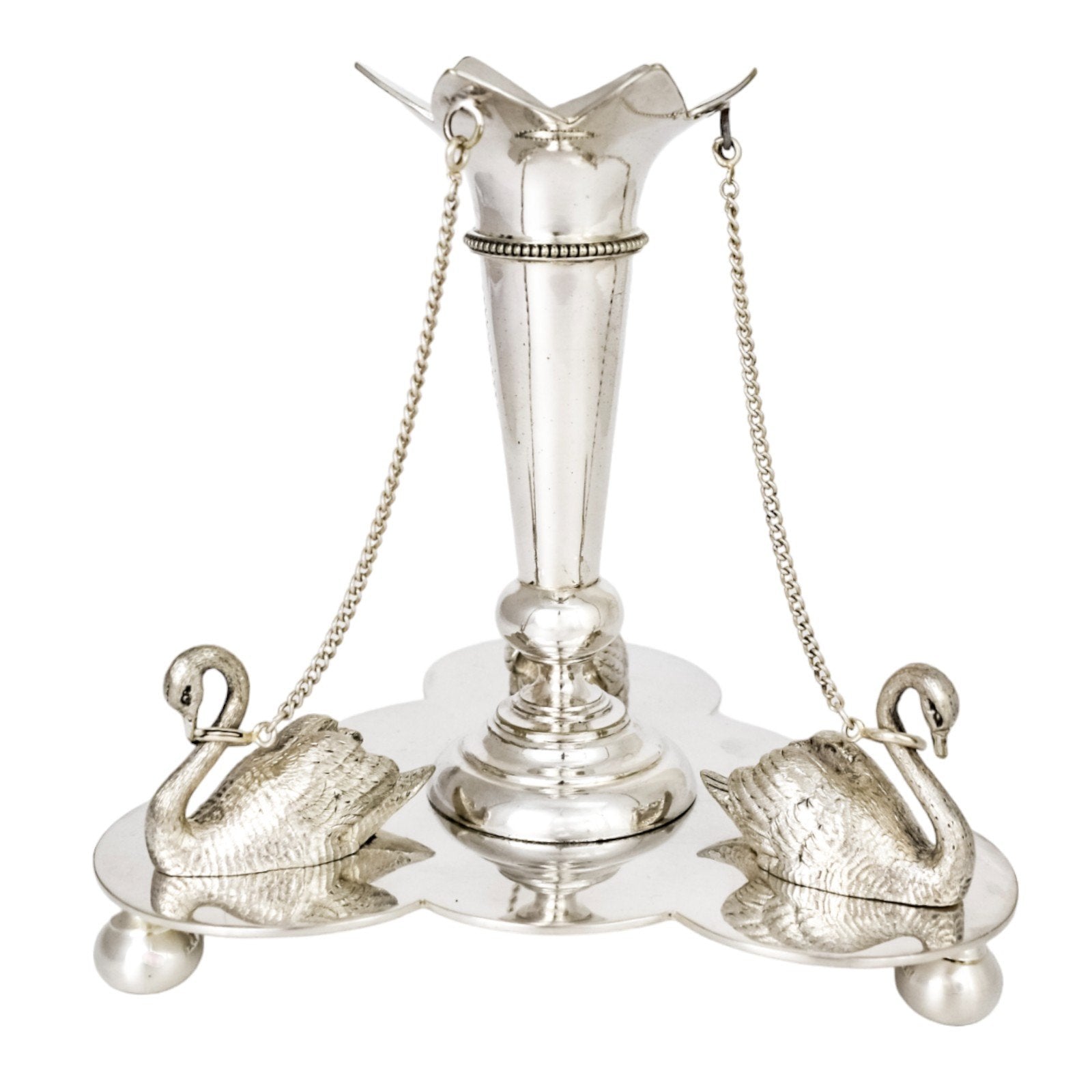 Victorian Mappin & Webb glass celery vase engraved with ferns on silver plated swan stand