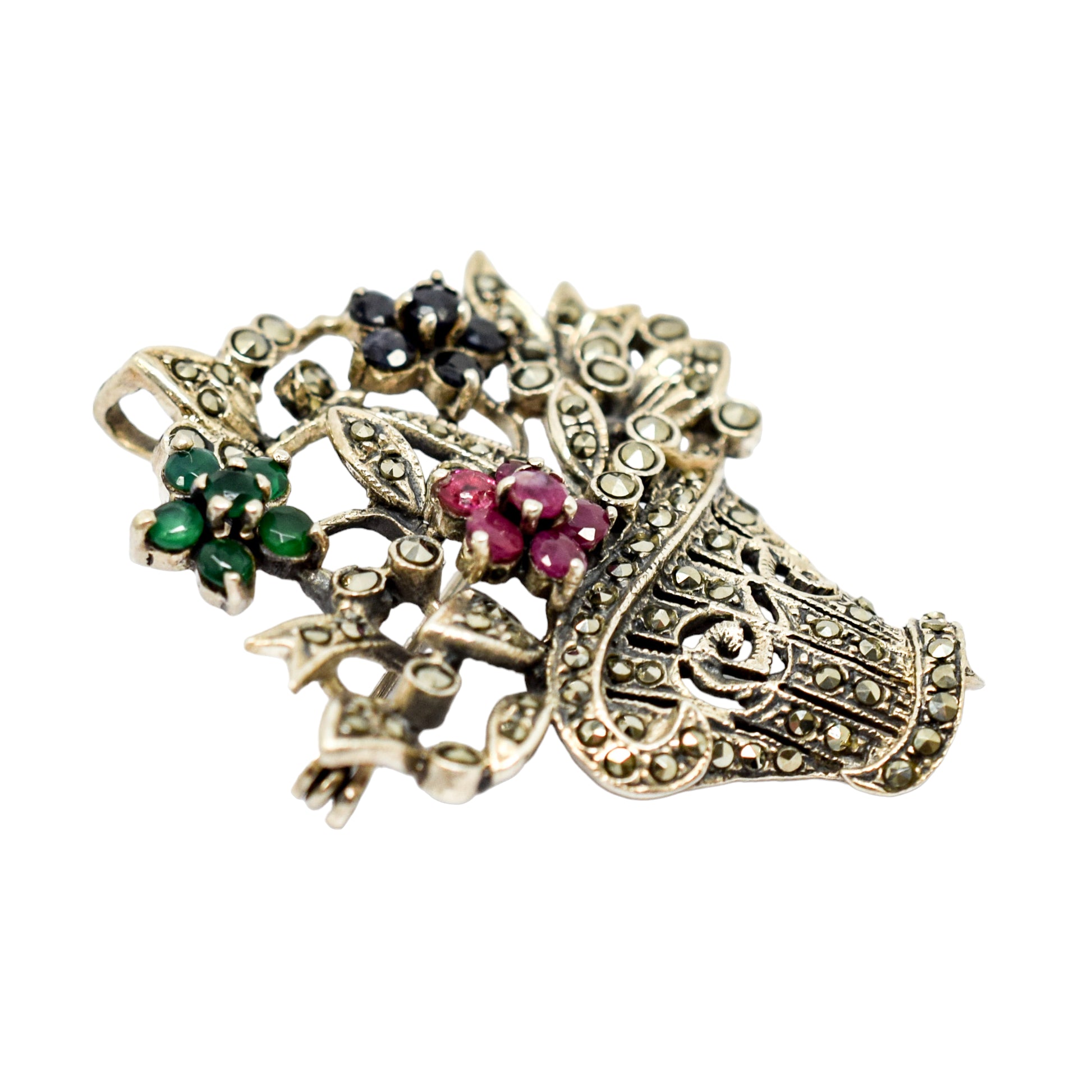 Giardinetti sterling silver floral basket brooch/pendant with rubies, emeralds, spinel