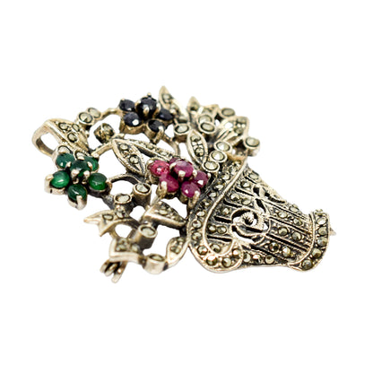 Giardinetti sterling silver floral basket brooch/pendant with rubies, emeralds, spinel