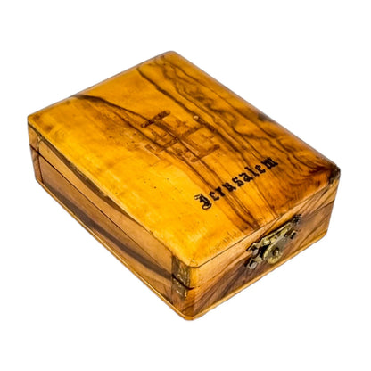 Edwardian olive wood rosary box with Jerusalem cross, Holy Land