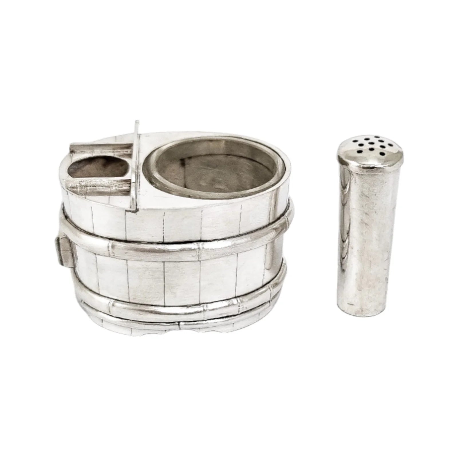 Japanese sterling silver novelty salt and pepper set in form of bucket / barrel