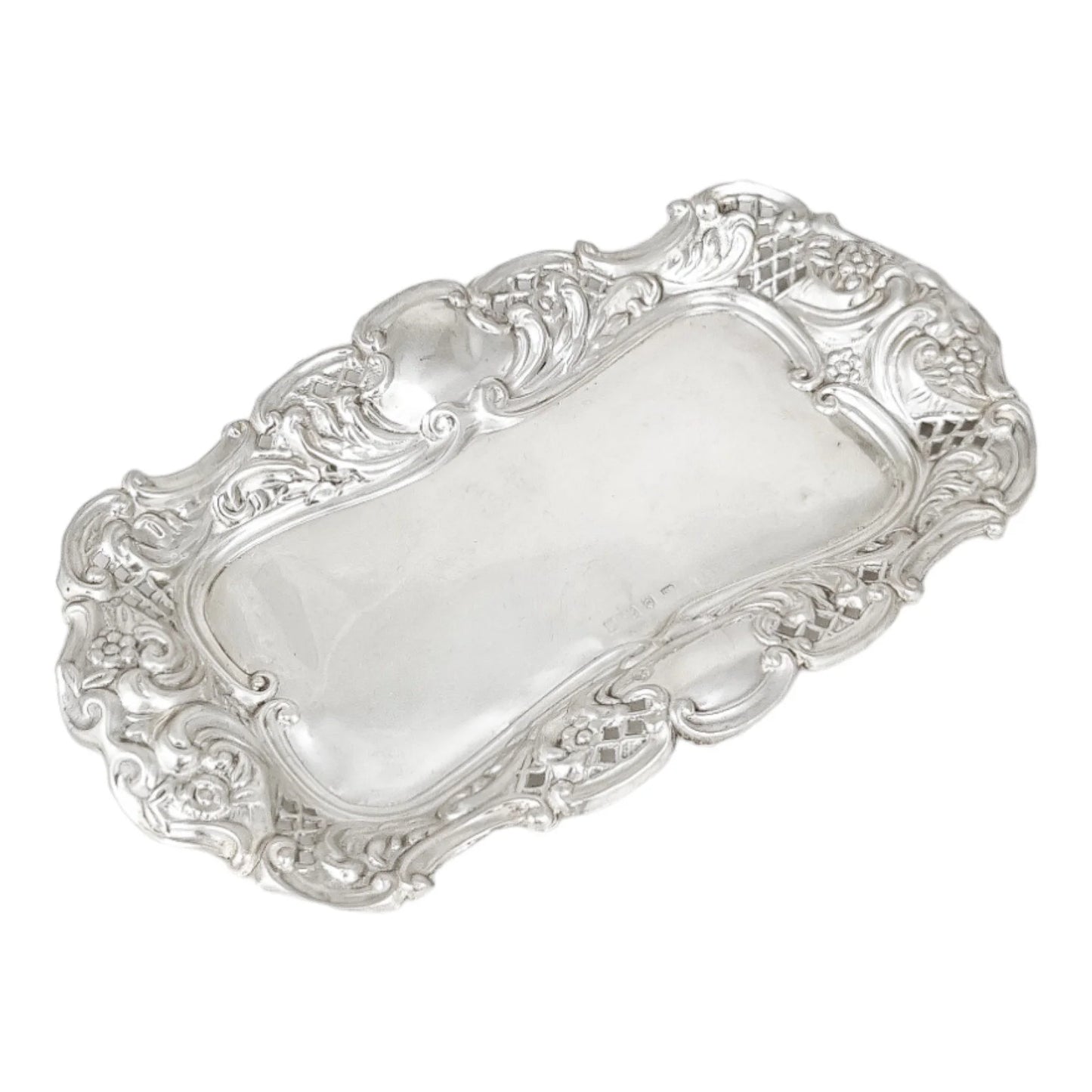 Edwardian sterling silver large pin dish / dressing table tray / vide poche