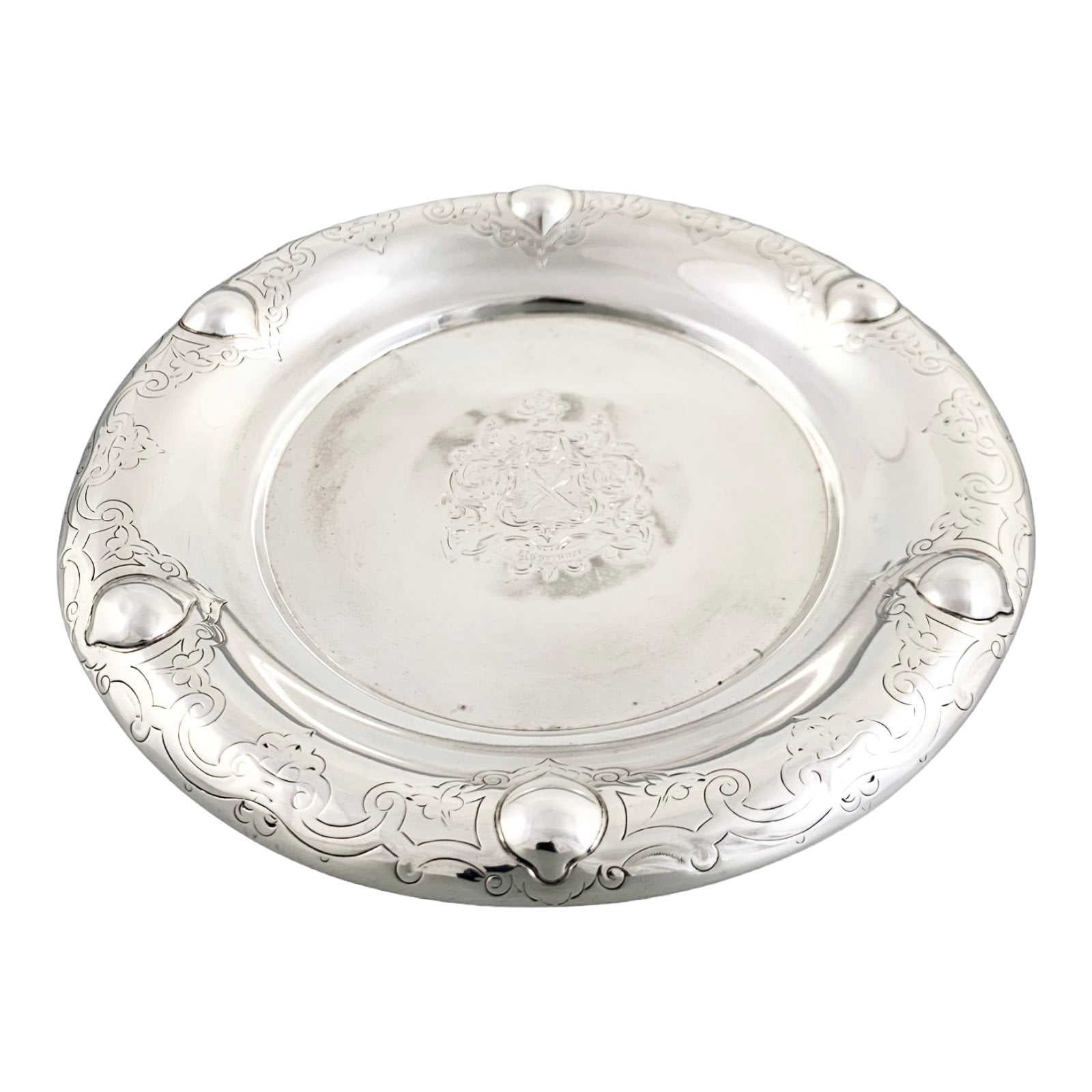 Early Victorian sterling silver large butter dish, Islamic design, coat of arms