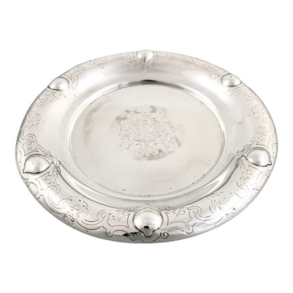 Early Victorian sterling silver large butter dish, Islamic design, coat of arms