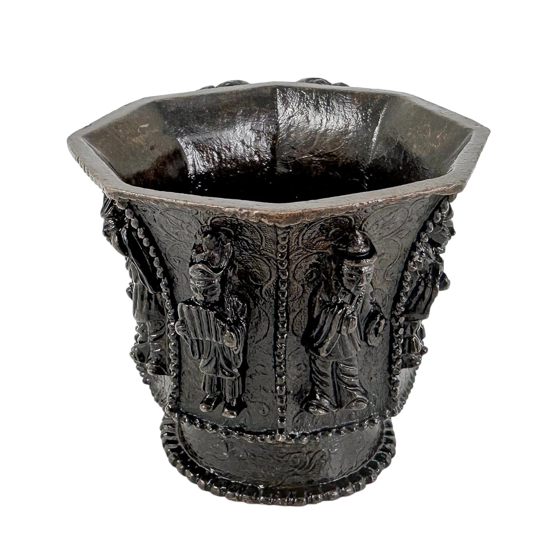 Chinese bronze libation cup with immortals, Tang marks, octagonal body