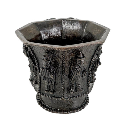 Chinese bronze libation cup with immortals, Tang marks, octagonal body