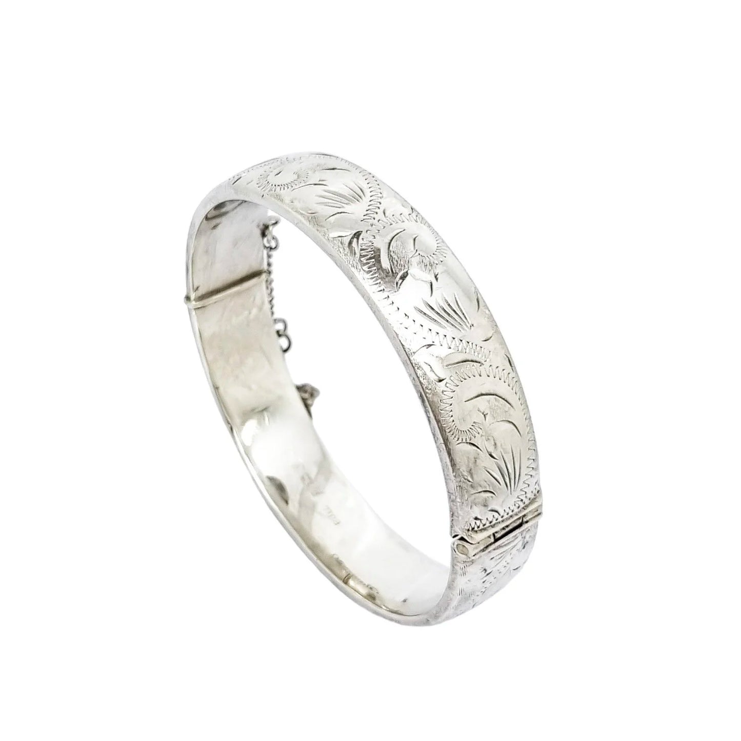 Vintage sterling silver cuff bangle bracelet fully engraved with scrolls and leaves