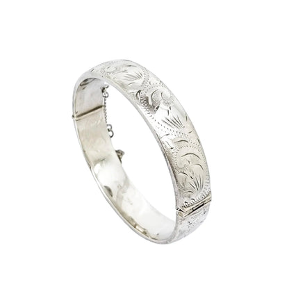 Vintage sterling silver cuff bangle bracelet fully engraved with scrolls and leaves