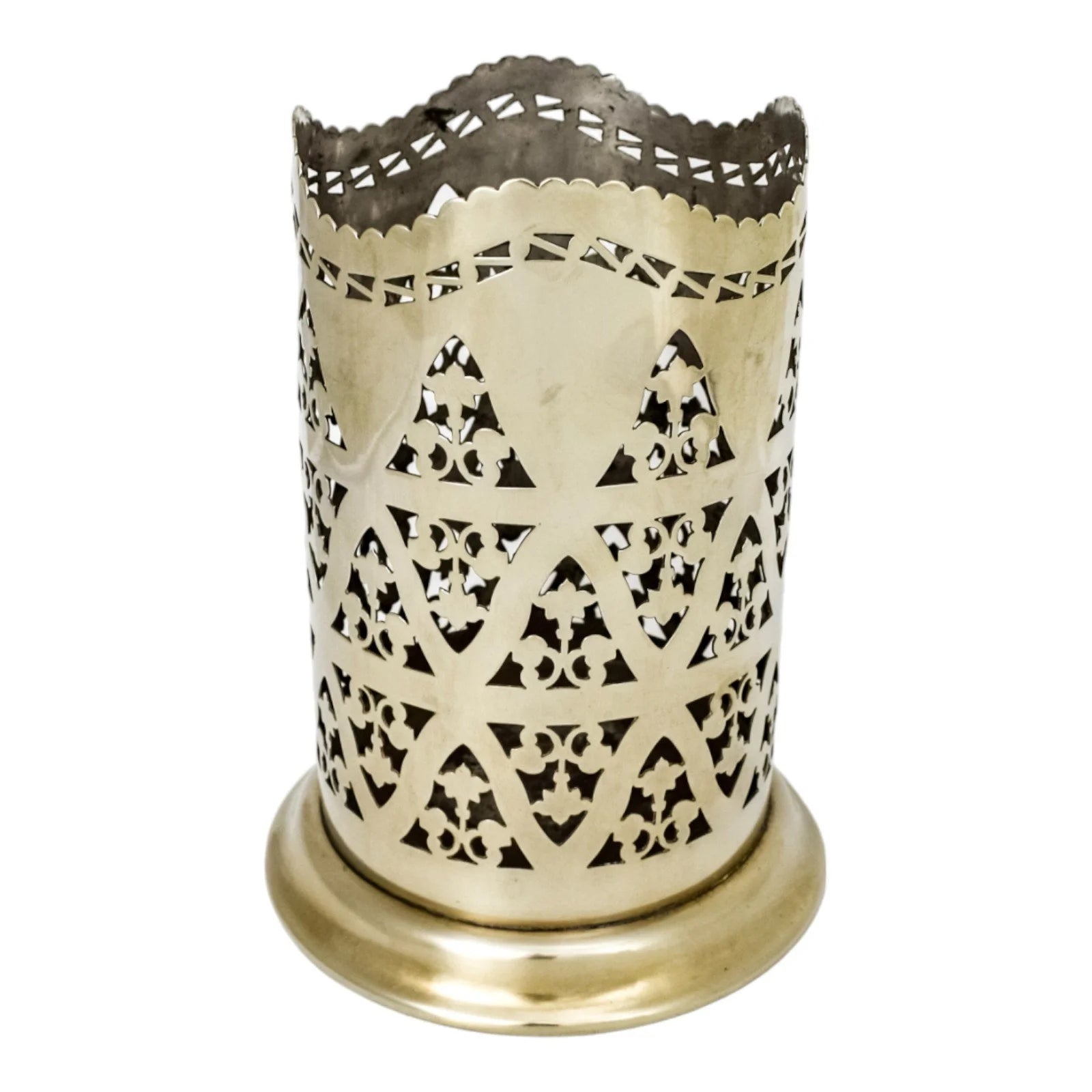 Large silver plated Art Nouveau tall bottle coaster with fluted rim and pierced body
