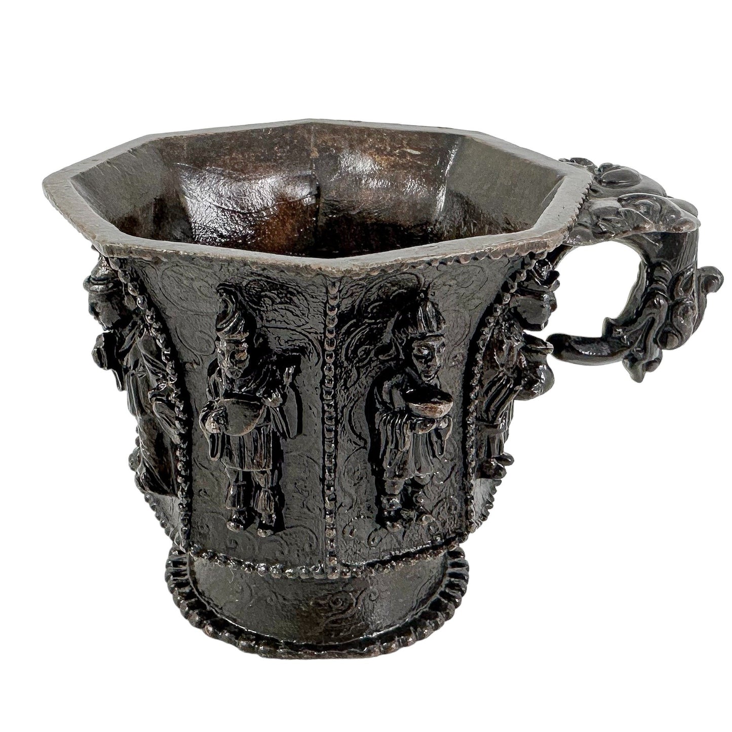 Chinese bronze libation cup with immortals, Tang marks, octagonal body