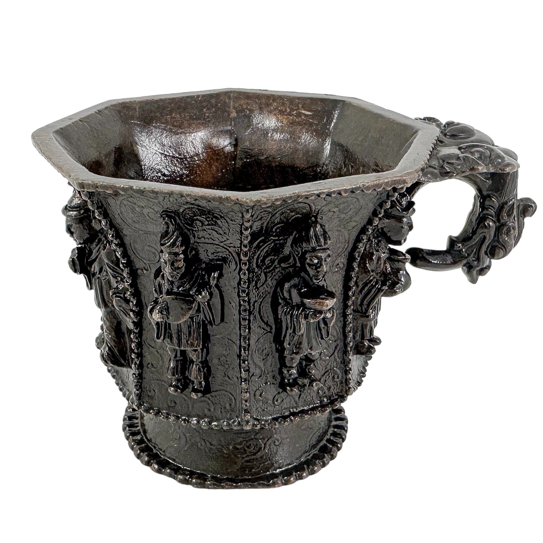 Chinese bronze libation cup with immortals, Tang marks, octagonal body