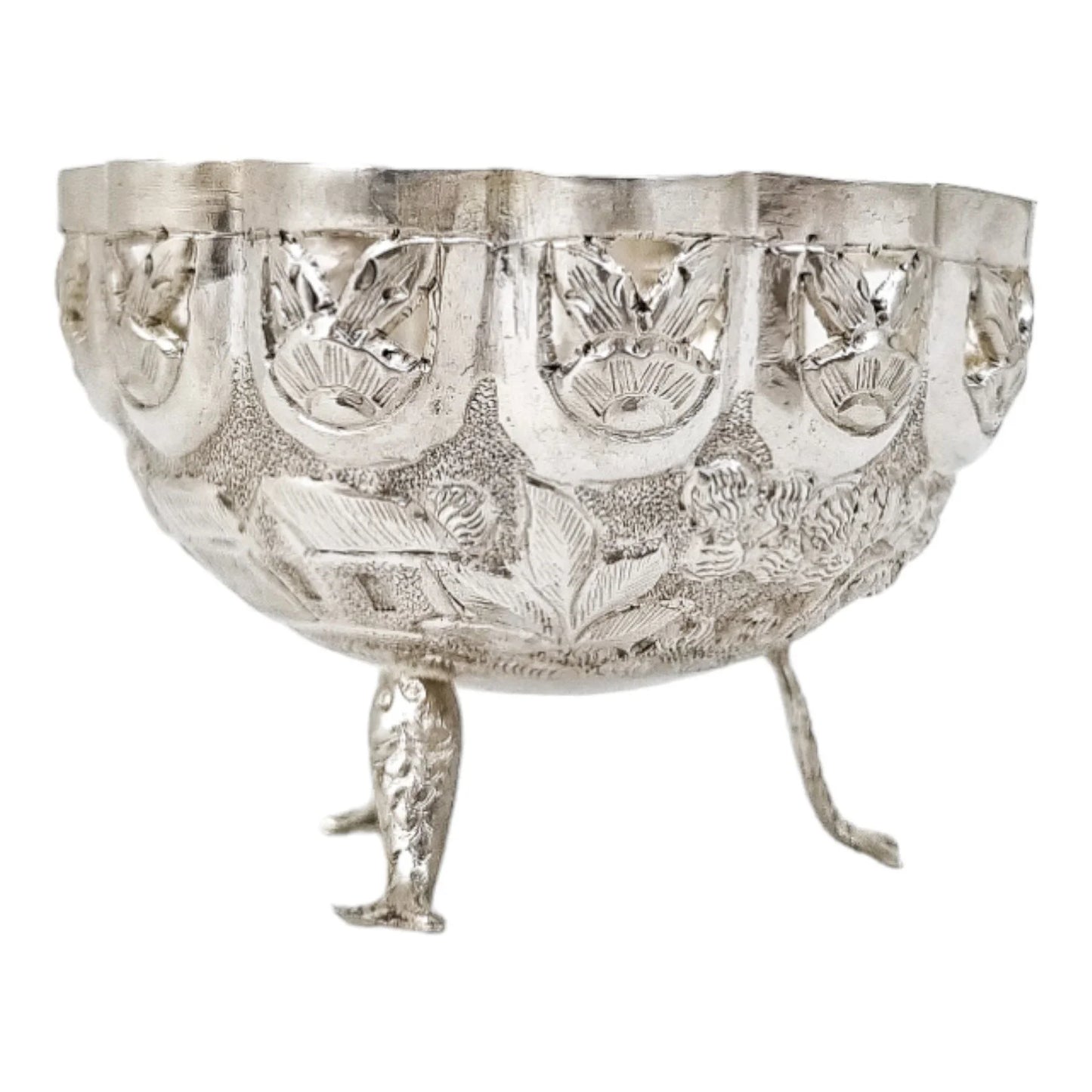1890's Indian Calcutta silver figural bowl with fish legs and embossed village scenes