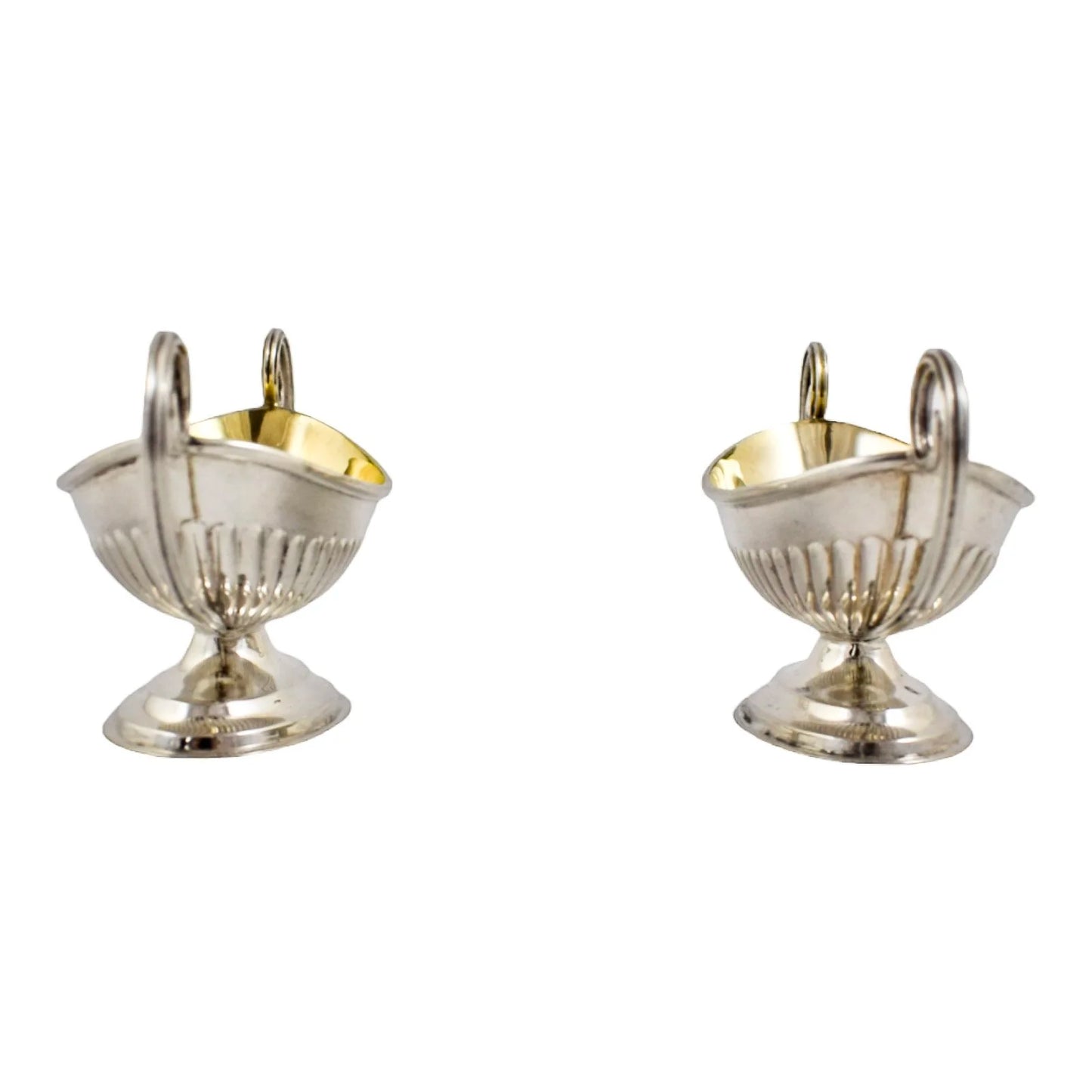 Edwardian set of 2 Neoclassical gilt sterling silver boxed navette salts with spoons