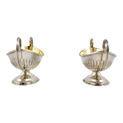 Edwardian set of 2 Neoclassical gilt sterling silver boxed navette salts with spoons