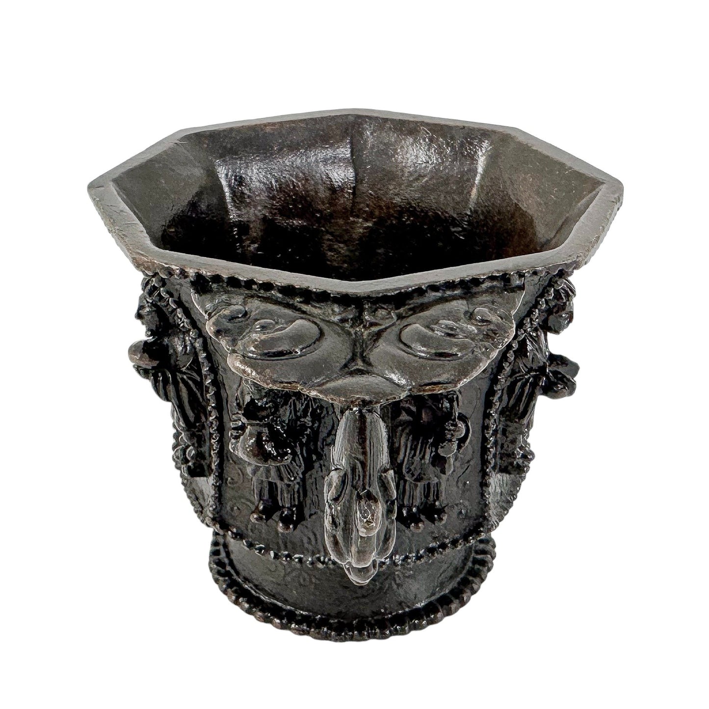 Chinese bronze libation cup with immortals, Tang marks, octagonal body