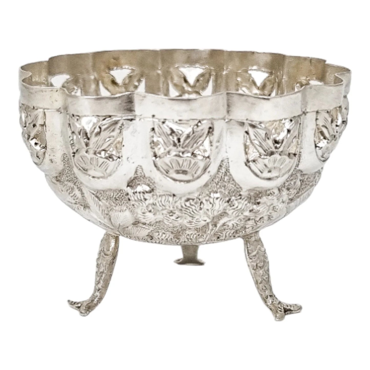 1890's Indian Calcutta silver figural bowl with fish legs and embossed village scenes