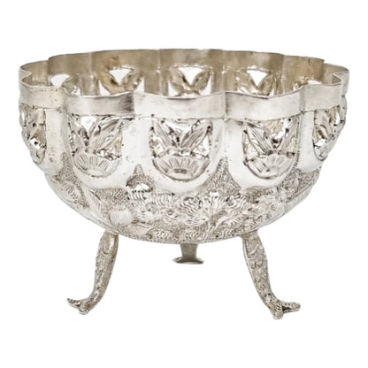 1890's Indian Calcutta silver figural bowl with fish legs and embossed village scenes
