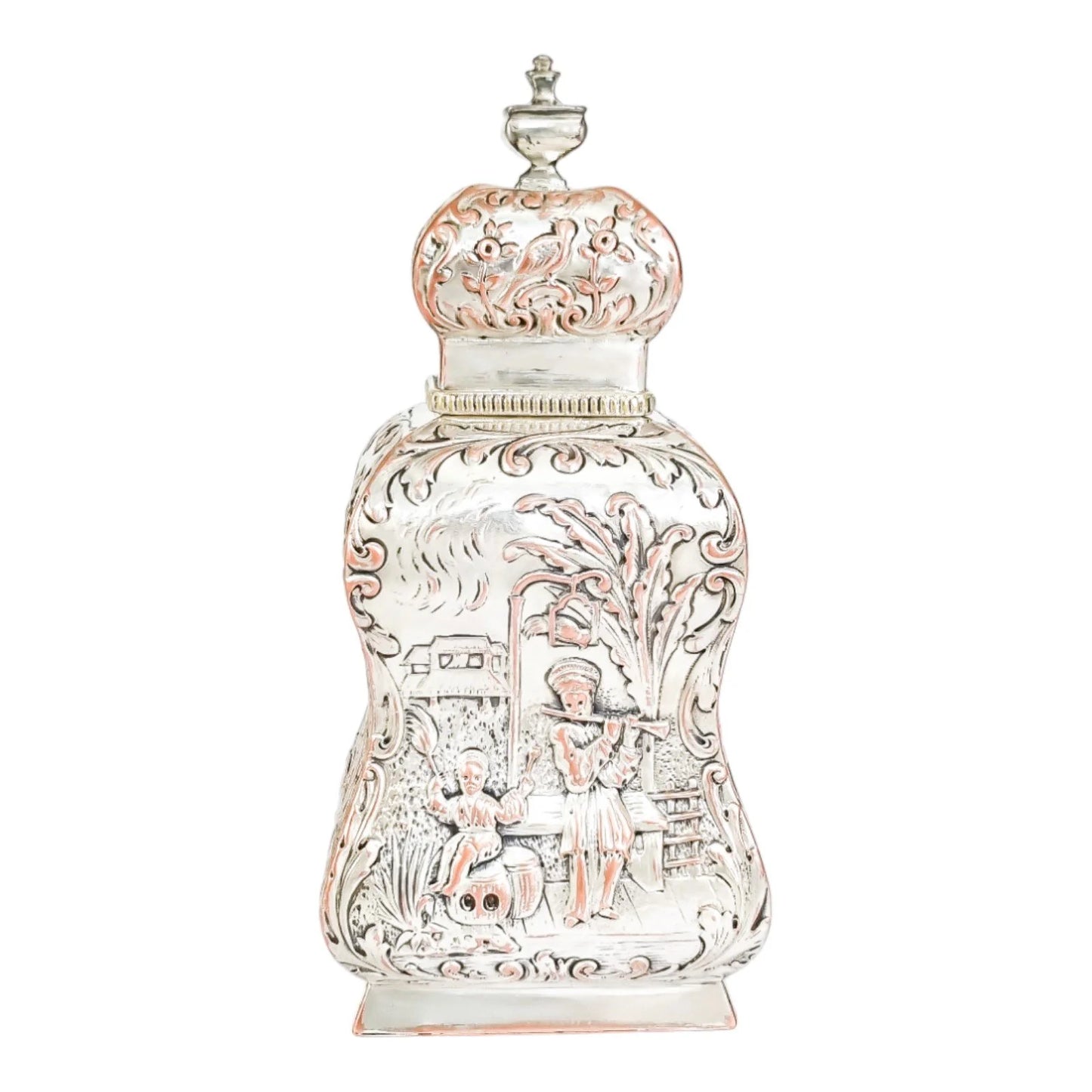 1890's Dutch silver plate tea caddy Rococo embossed flowers, children, scrolls