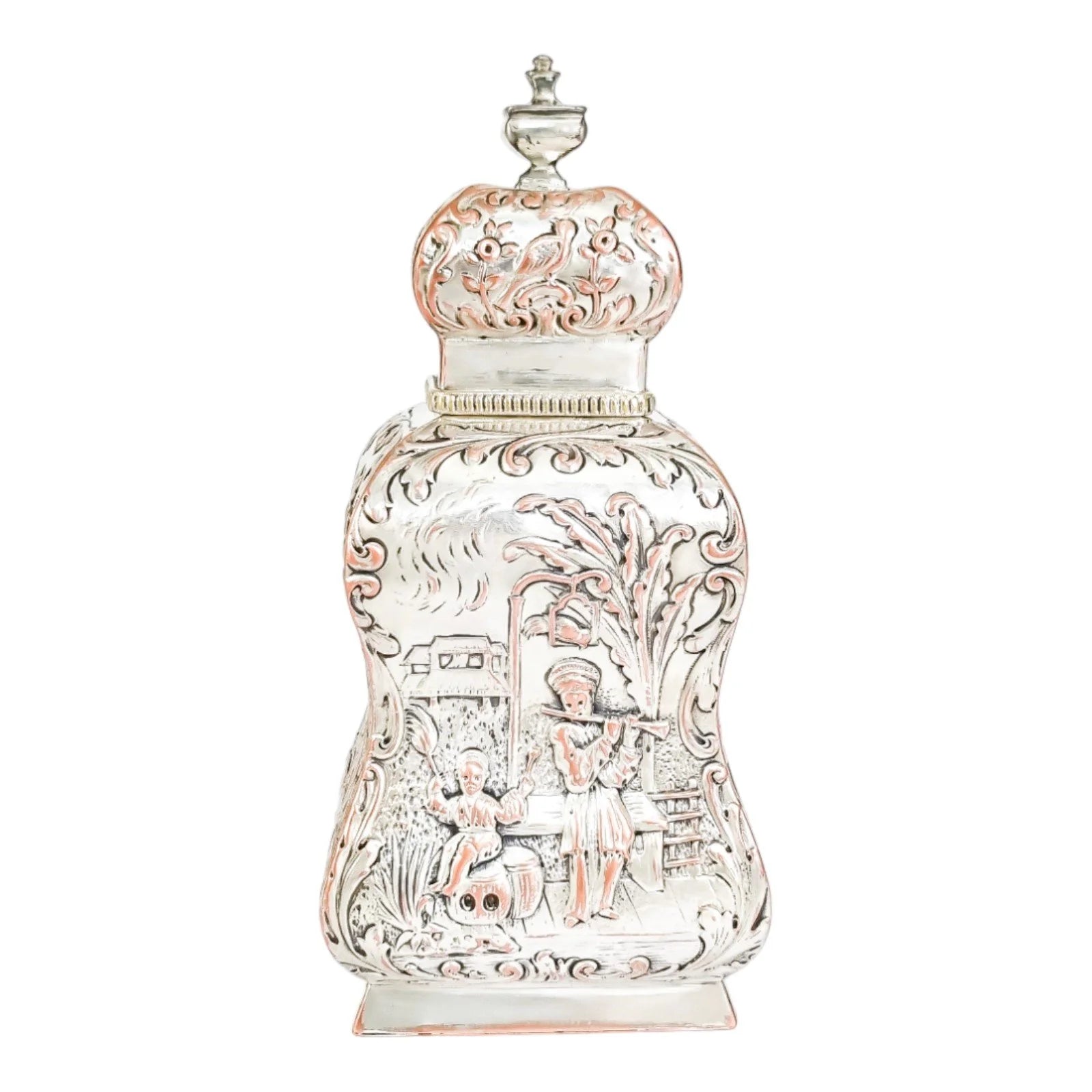 1890's Dutch silver plate tea caddy Rococo embossed flowers, children, scrolls