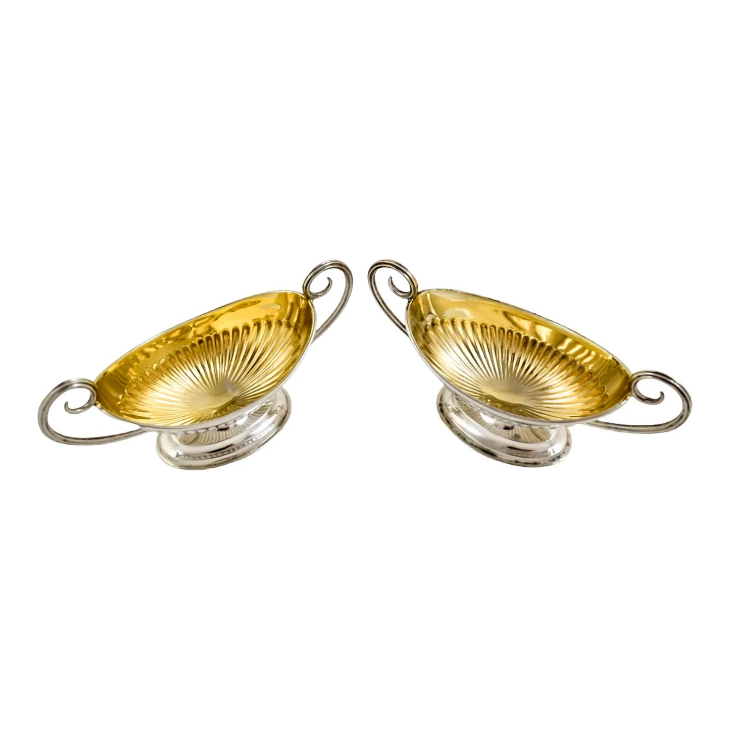 Edwardian set of 2 Neoclassical gilt sterling silver boxed navette salts with spoons
