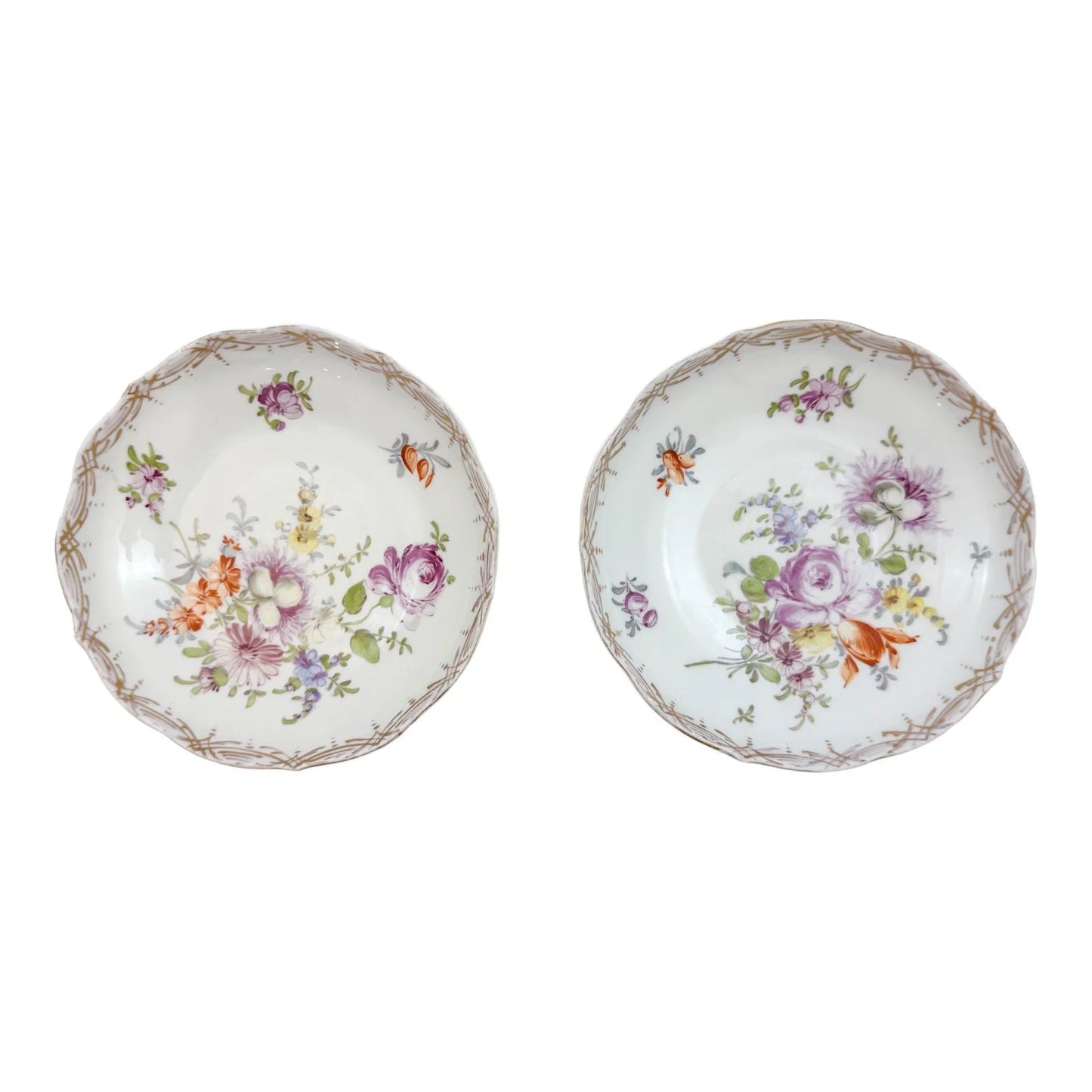 19th century Meissen porcelain pair of small floral saucers with gilt scalloped rims