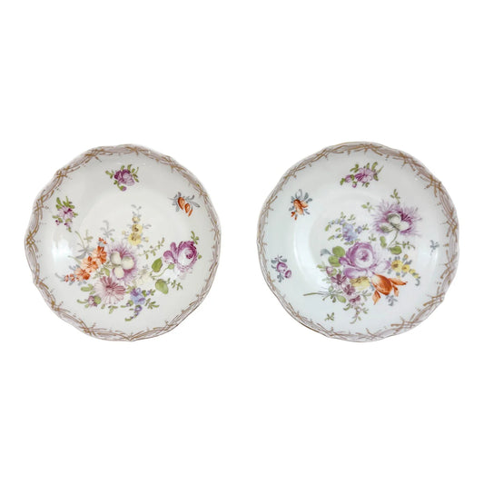 19th century Meissen porcelain pair of small floral saucers with gilt scalloped rims