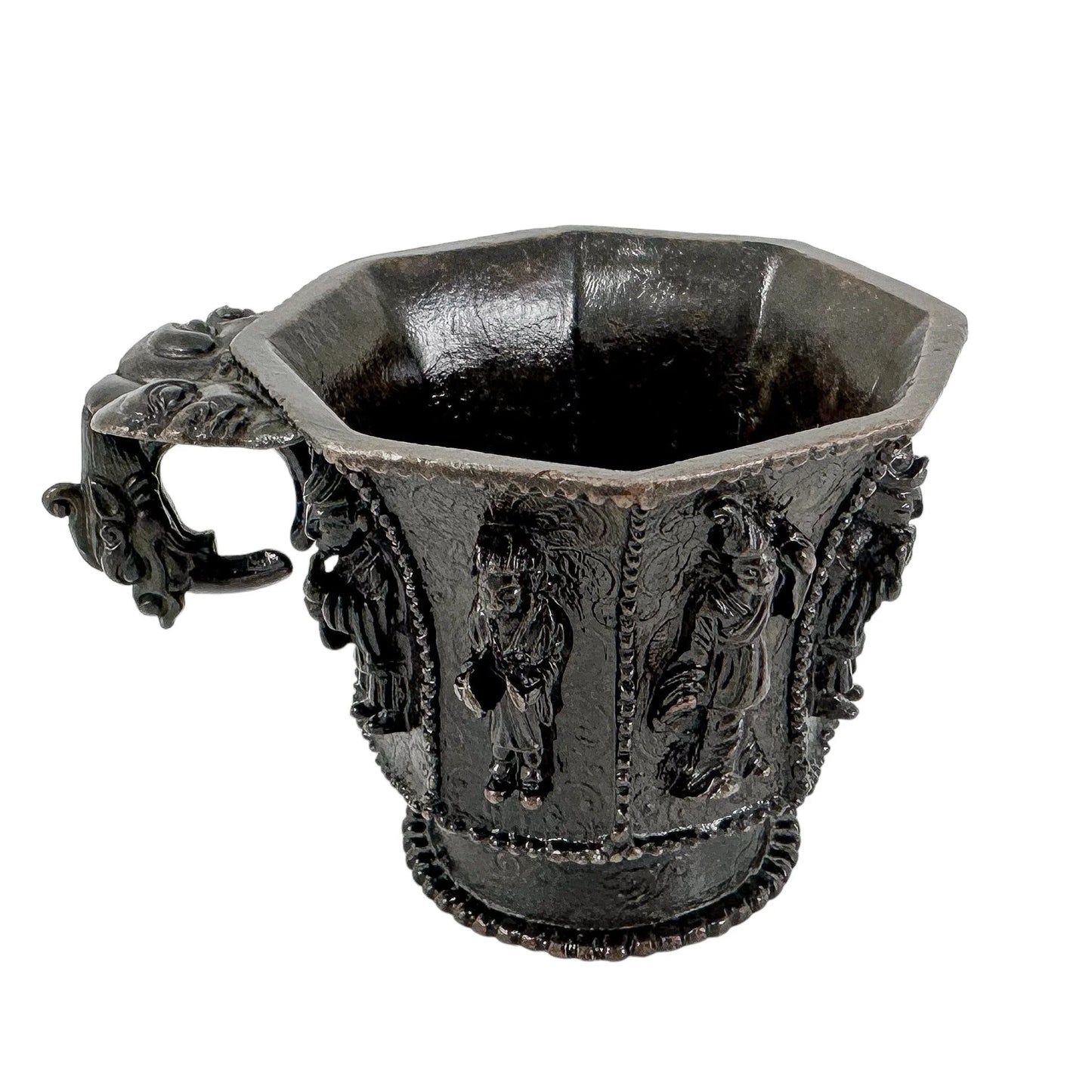 Chinese bronze libation cup with immortals, Tang marks, octagonal body