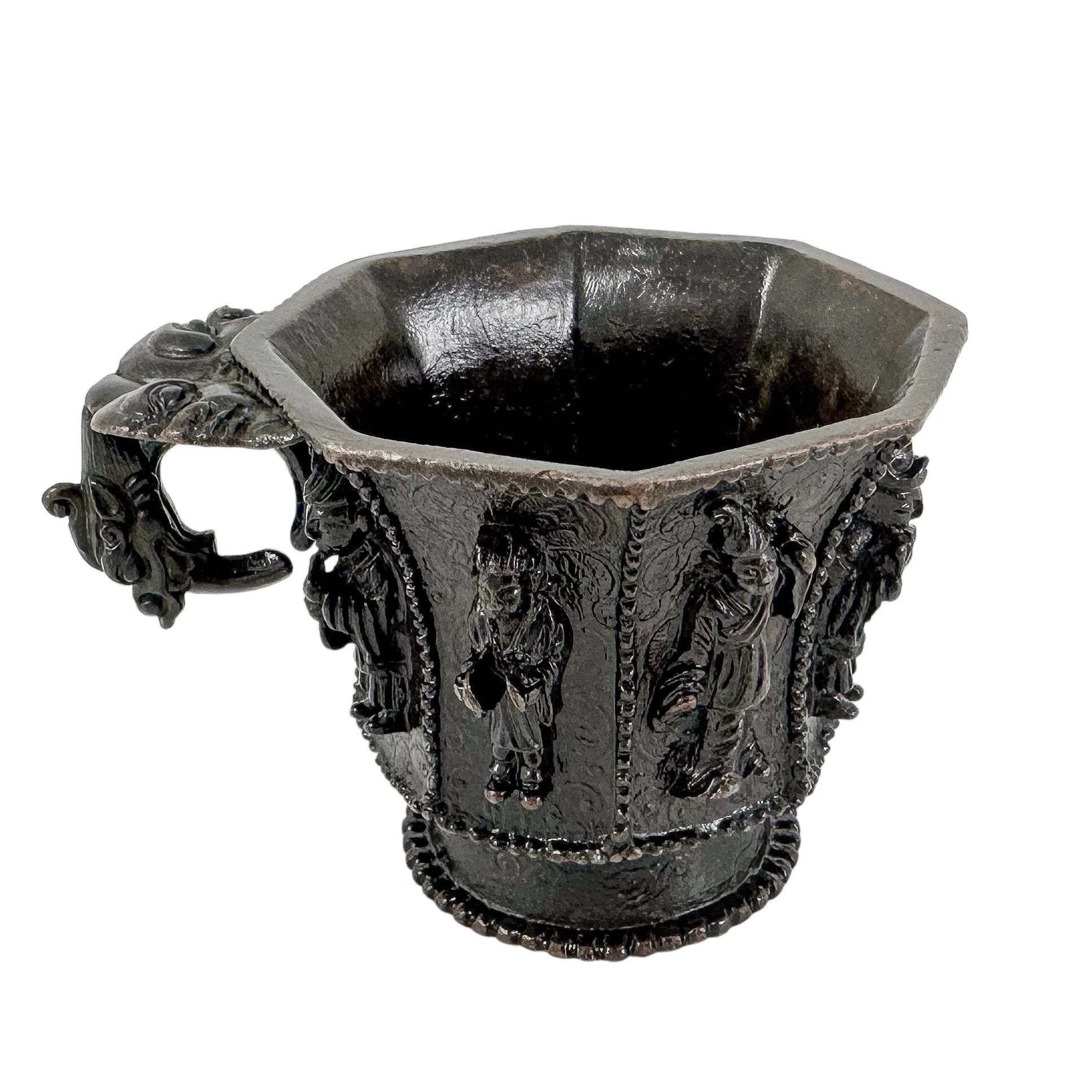Chinese bronze libation cup with immortals, Tang marks, octagonal body