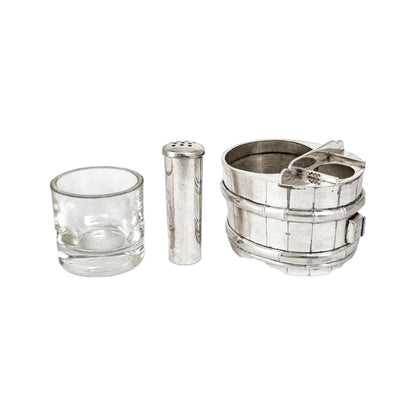 Japanese sterling silver novelty salt and pepper set in form of bucket / barrel