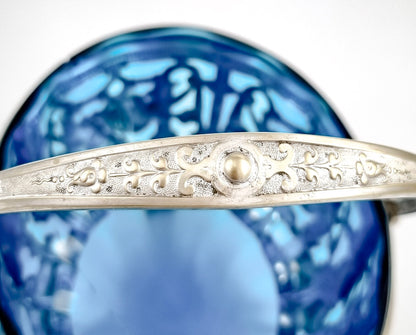 Antique silver-plated basket with sapphire blue glass, Roman Plewkiewicz, Louis XVI style, circa 1900