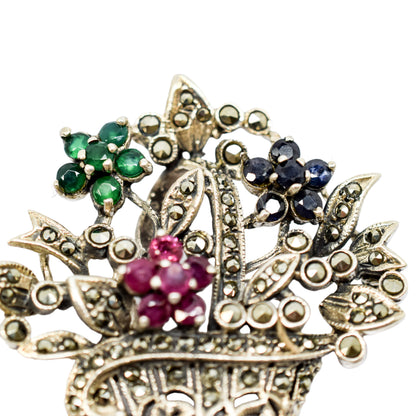 Giardinetti sterling silver floral basket brooch/pendant with rubies, emeralds, spinel