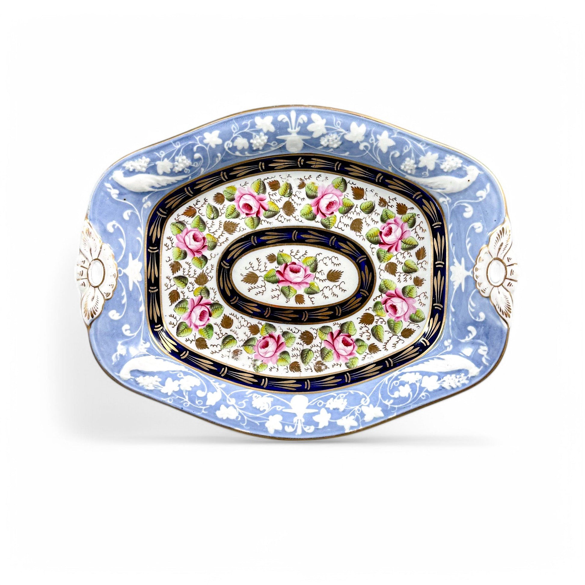 Rare New Hall Staffordshire hybrid porcelain dessert service with powder blue and rose decoration, circa 1820