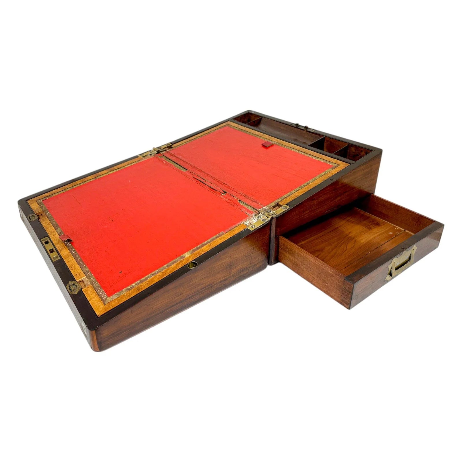 Large rosewood Victorian writing box with mother of pearl cartouche and secret pull out drawers