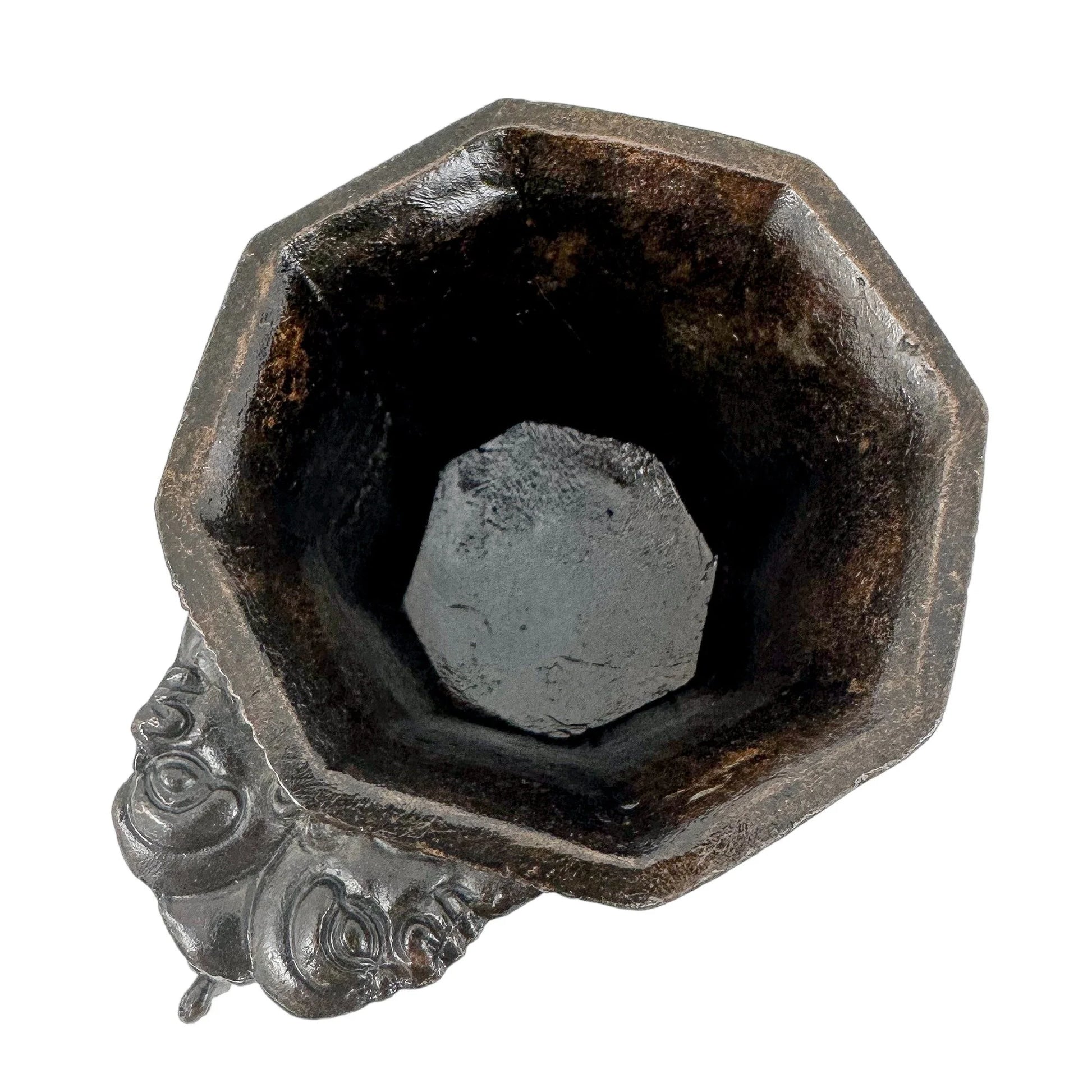 Chinese bronze libation cup with immortals, Tang marks, octagonal body