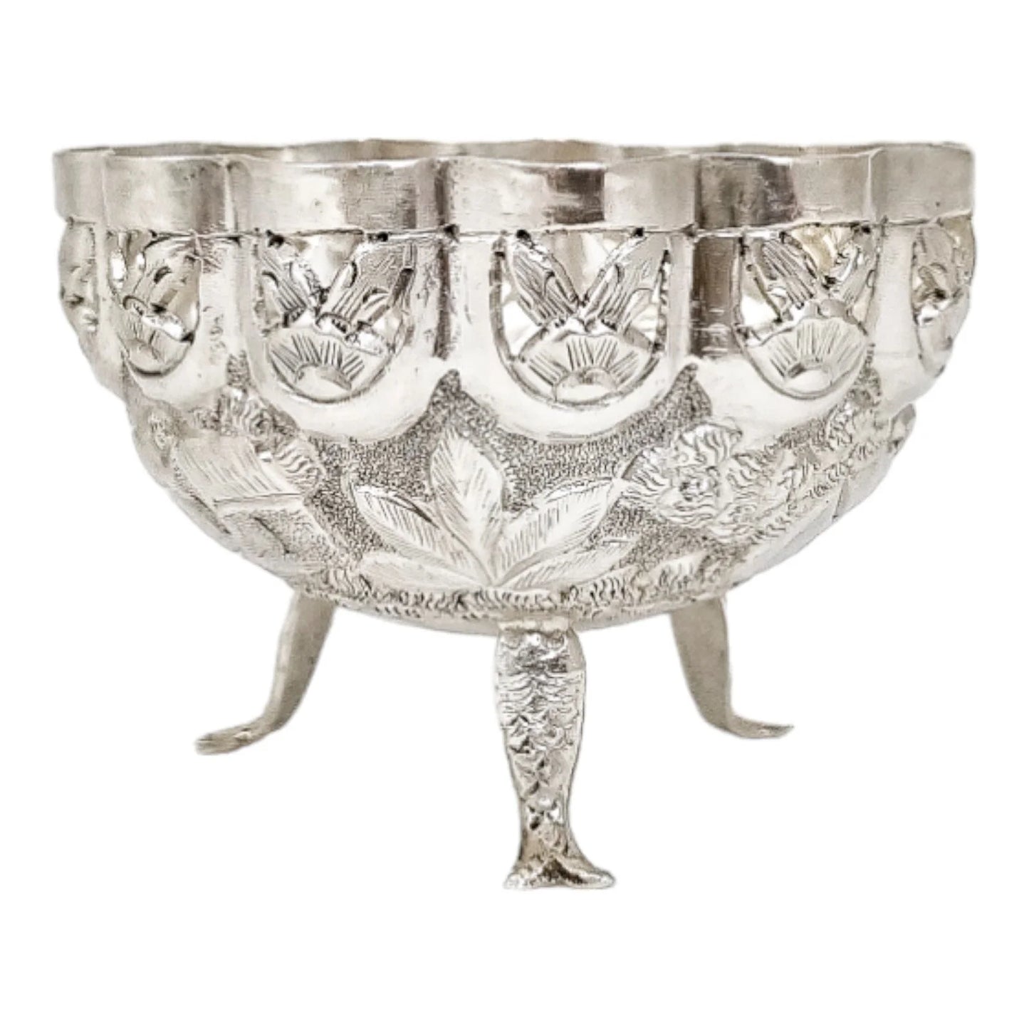 1890's Indian Calcutta silver figural bowl with fish legs and embossed village scenes