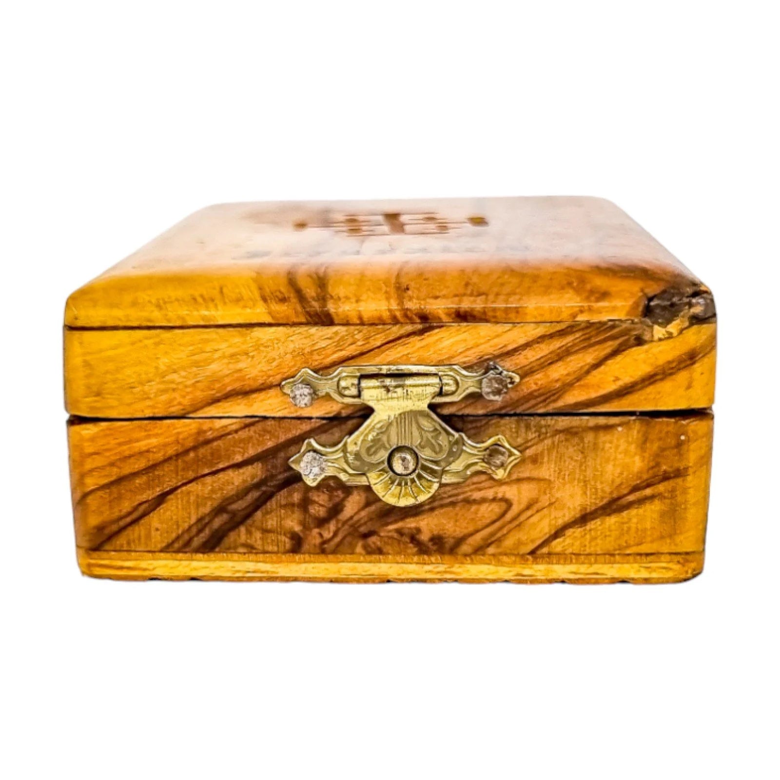 Edwardian olive wood rosary box with Jerusalem cross, Holy Land