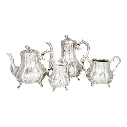 1860’s silverplate 4 piece tea and coffee set with nut finials and embossed flowers