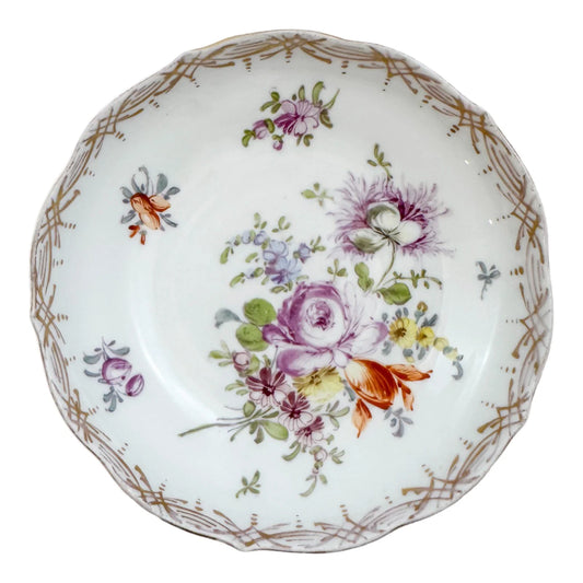 19th century Meissen porcelain pair of small floral saucers with gilt scalloped rims