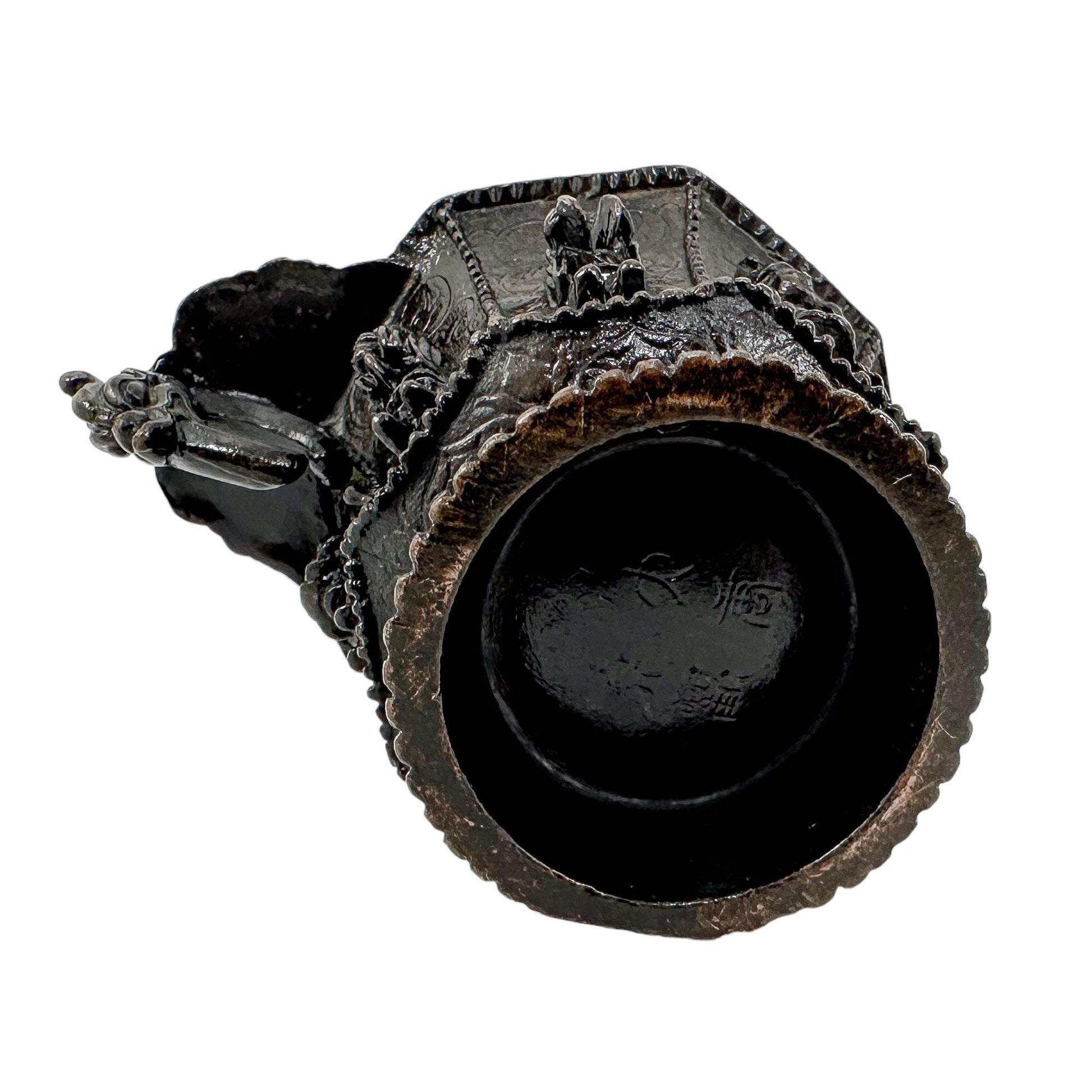 Chinese bronze libation cup with immortals, Tang marks, octagonal body