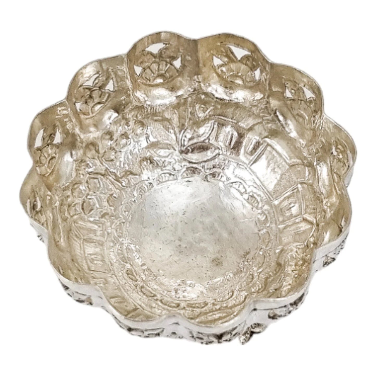 1890's Indian Calcutta silver figural bowl with fish legs and embossed village scenes